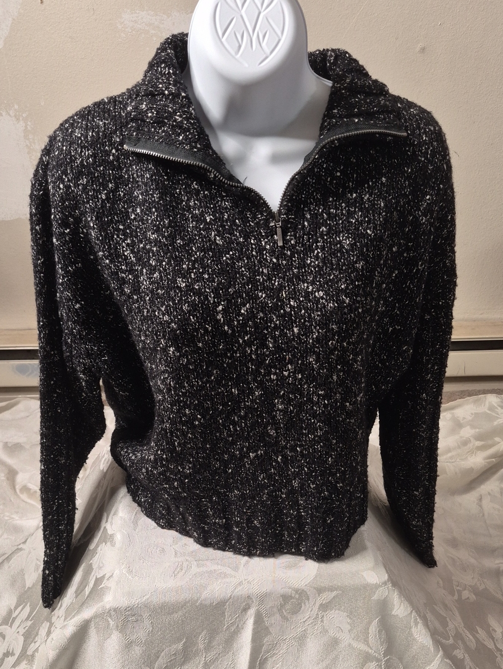 Sigrid Olsen Black & White Speckled Half-Zip Turtleneck Sweater Size XL